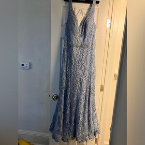 Blue satin with lace overlay, gown. Montage by Mon Cheri.